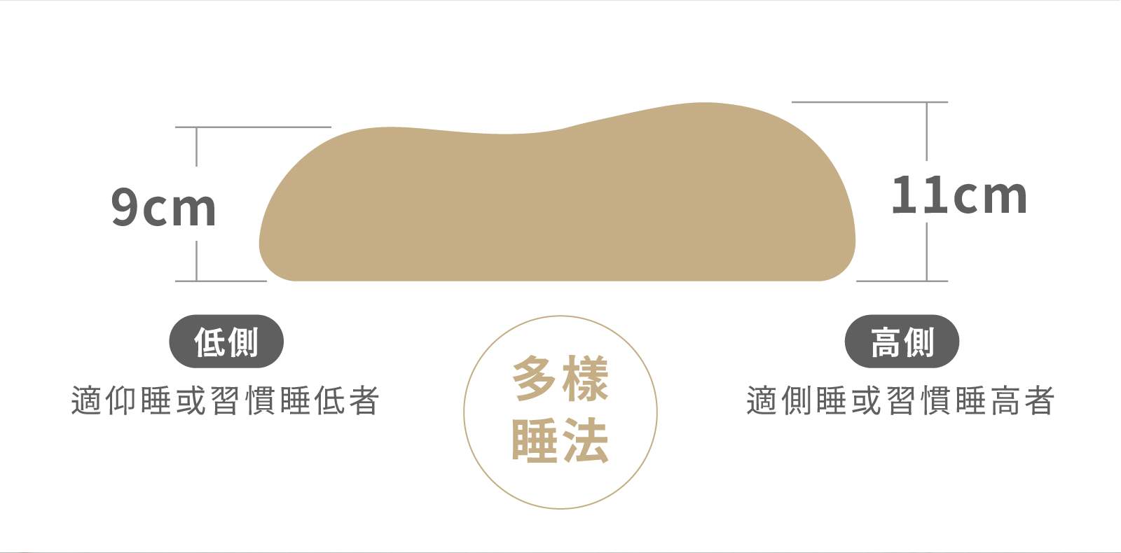 曲線型乳膠枕高低睡法說明