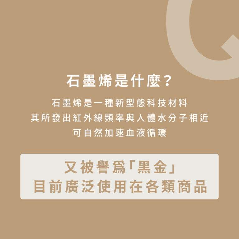 石墨烯是什麼？ 石墨烯是一種新型態科技材料，其所發出的紅外線頻率與人體水分子相近，可以自然加速血液循環。 因此石墨烯又被譽為「黑金」目前被廣泛使用在各類商品